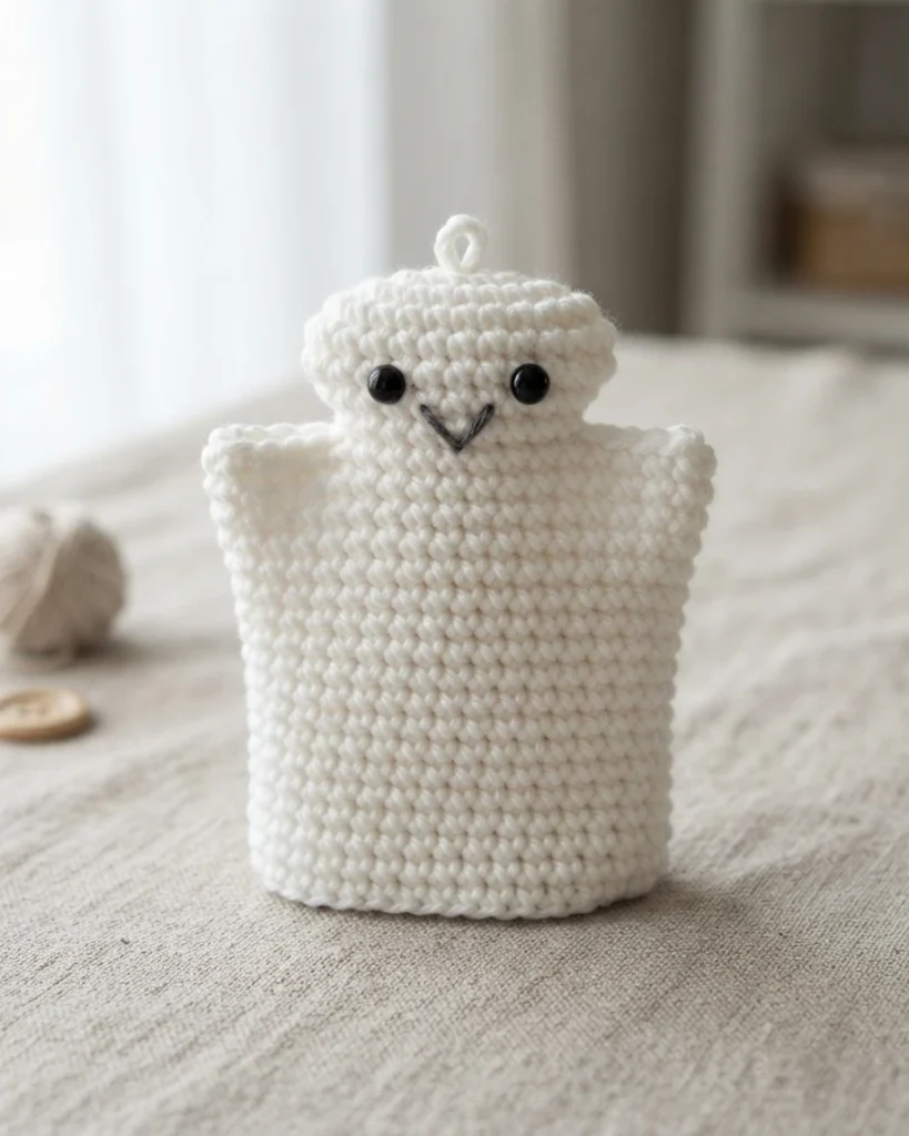 White crocheted ghost figure with black bead eyes, a stitched V-shaped smile, two short side flaps and a small loop on top of the head, standing upright on beige linen fabric.