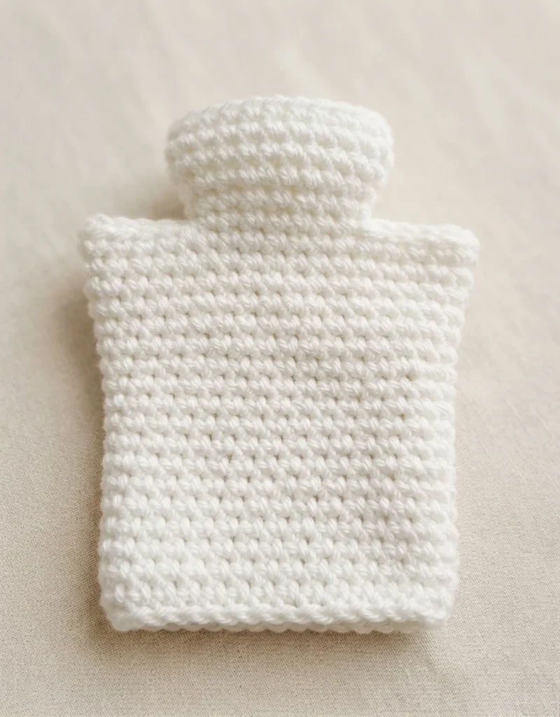 Off-white crocheted piece with a small narrow neck opening at the top and a flat rectangular body worked in a dense stitch, laid on a plain beige fabric background.