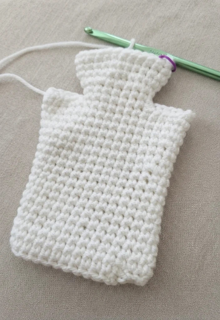 White crochet work in progress shaped like a hand puppet body with a narrower top section, a green crochet hook and a purple stitch marker resting on it, laid on a plain beige fabric background.