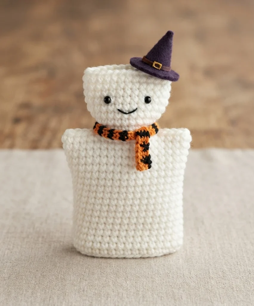 White crocheted ghost figure standing upright with black bead eyes, a stitched smile, a purple witch hat with a small gold buckle and an orange and black striped scarf, photographed on a light linen surface against a blurred wooden backgrou