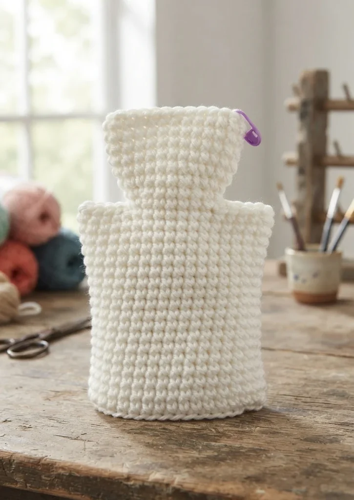 White crocheted piece with a narrow head section above a wider body, standing upright on a rustic wooden table, a purple stitch marker clipped to the right edge, with blurred yarn balls, scissors and brushes in the background.