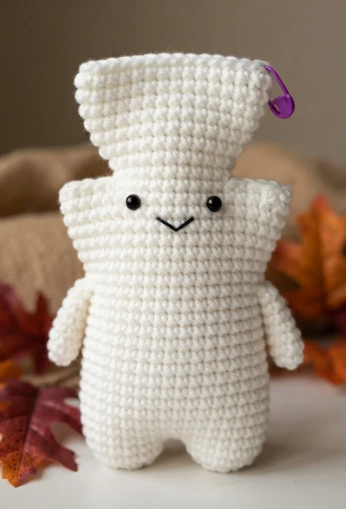 White crocheted ghost figure standing upright with black bead eyes, an embroidered V-shaped mouth, small side arms and legs, a purple stitch marker at the top of its head, photographed with autumn leaves and burlap in the background.