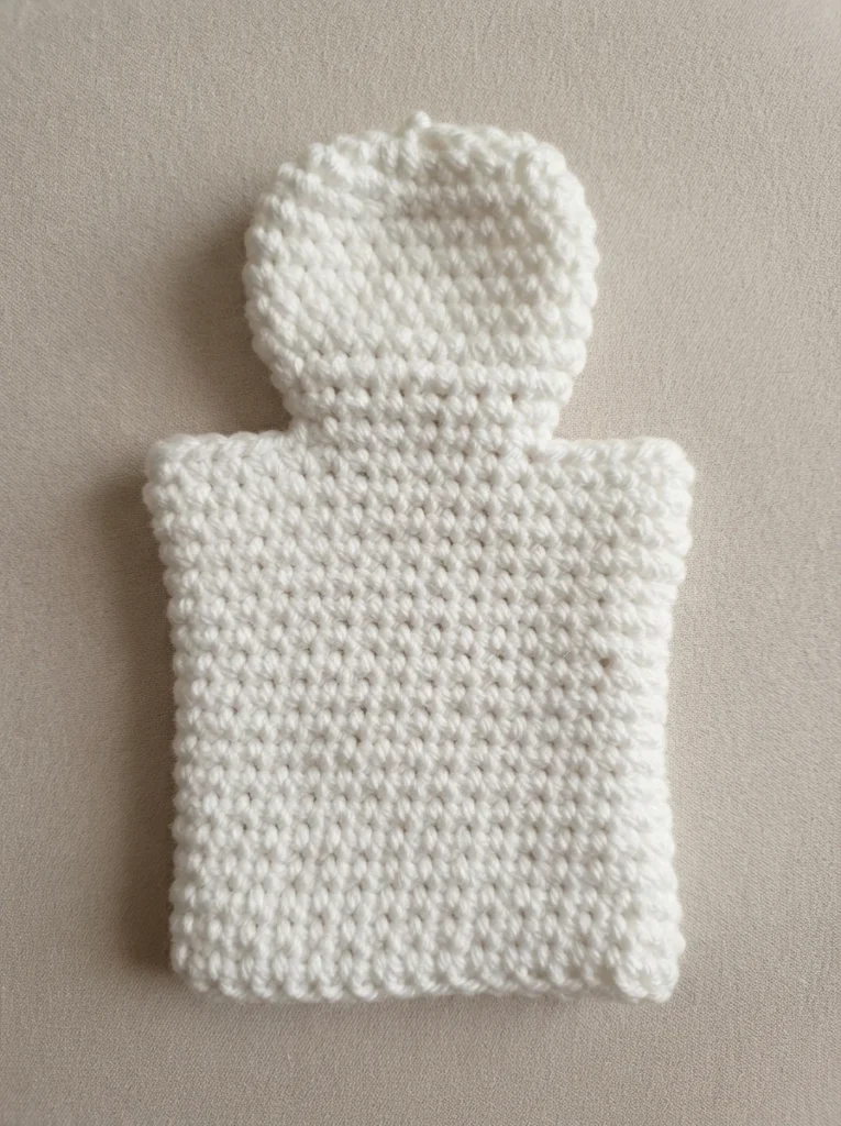 White crocheted ghost hand puppet in progress, laid flat on a beige fabric background, showing a rounded head section above a rectangular body with visible single crochet texture and a loose yarn tail.