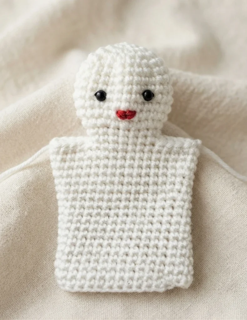White crochet ghost hand puppet lying flat on cream fabric, with black bead eyes and a small red stitched mouth, shown finished without side finger openings.