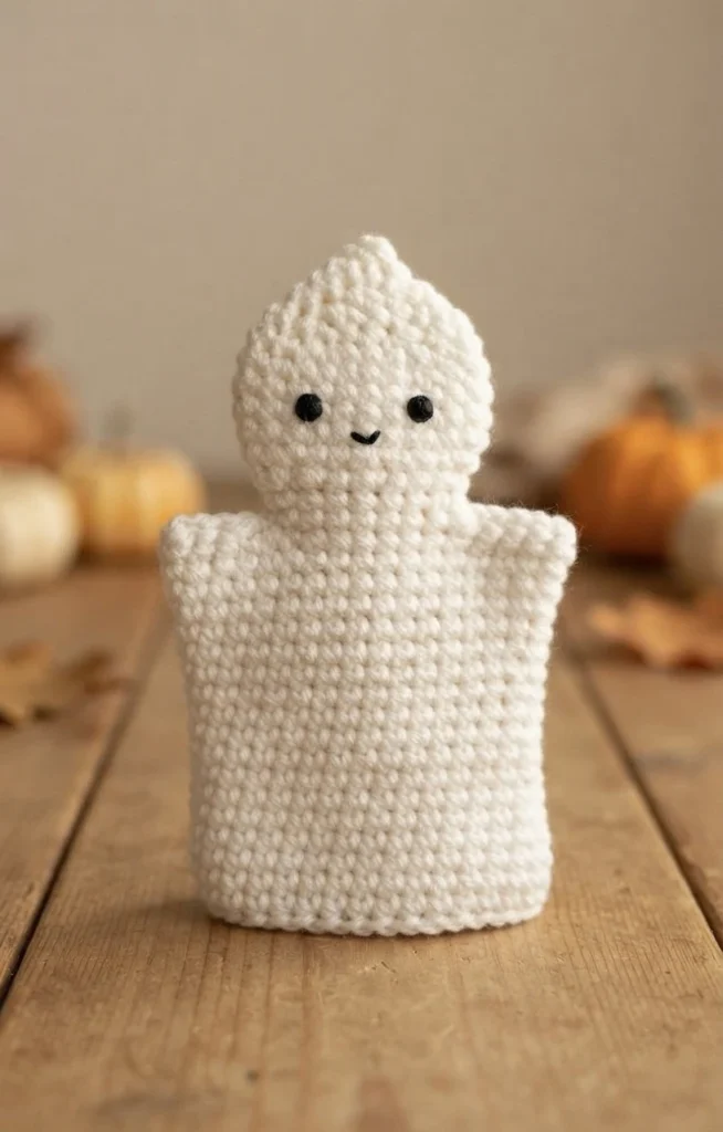 White crocheted ghost with black bead eyes and a small stitched smile standing upright on a wooden table, with blurred pumpkins and dried leaves in the background.