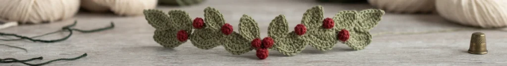 Crocheted holly garland with green leaves and red berries resting on a light wood surface, with cream yarn balls, loose green thread and a small metal thimble nearby.