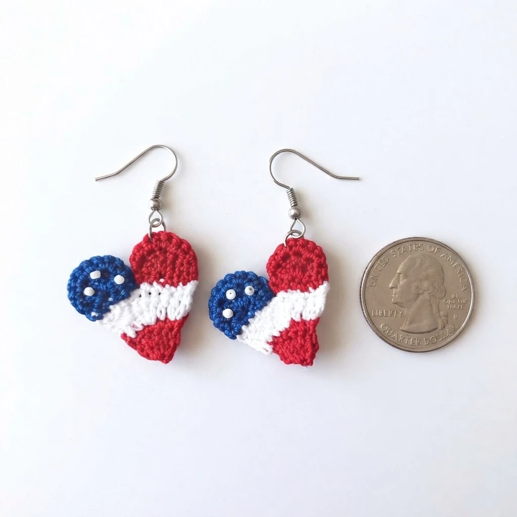 Pair of red, white and blue heart-shaped crochet earrings next to a United States quarter coin on a white background