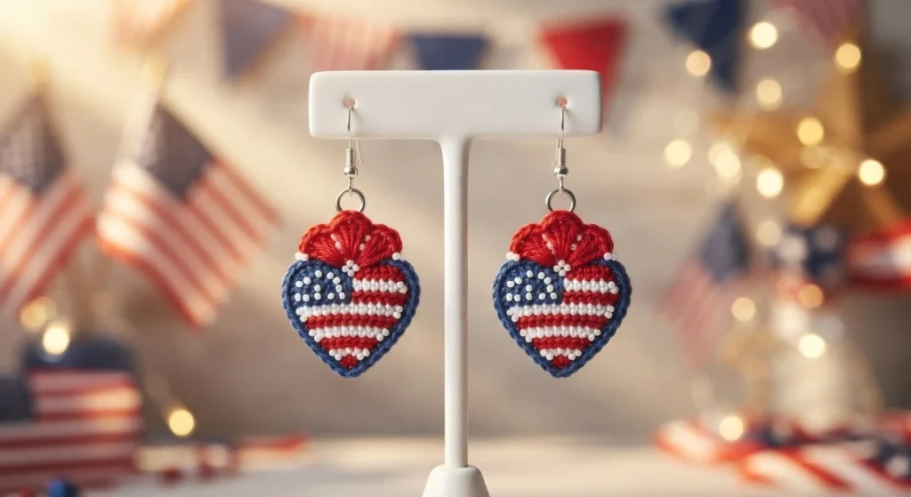 Pair of heart shaped crochet patriotic earrings in red, white and blue with white bead details, hanging from a white display stand