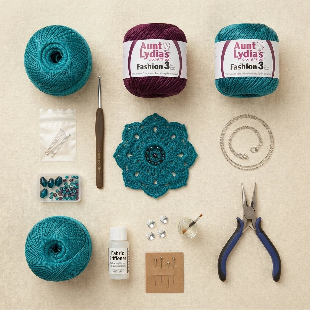 Flat lay of teal and plum crochet thread balls, crochet hook, glass beads, necklace chain, jewelry pliers, fabric stiffener and a teal crochet flower motif with beaded center on a beige background