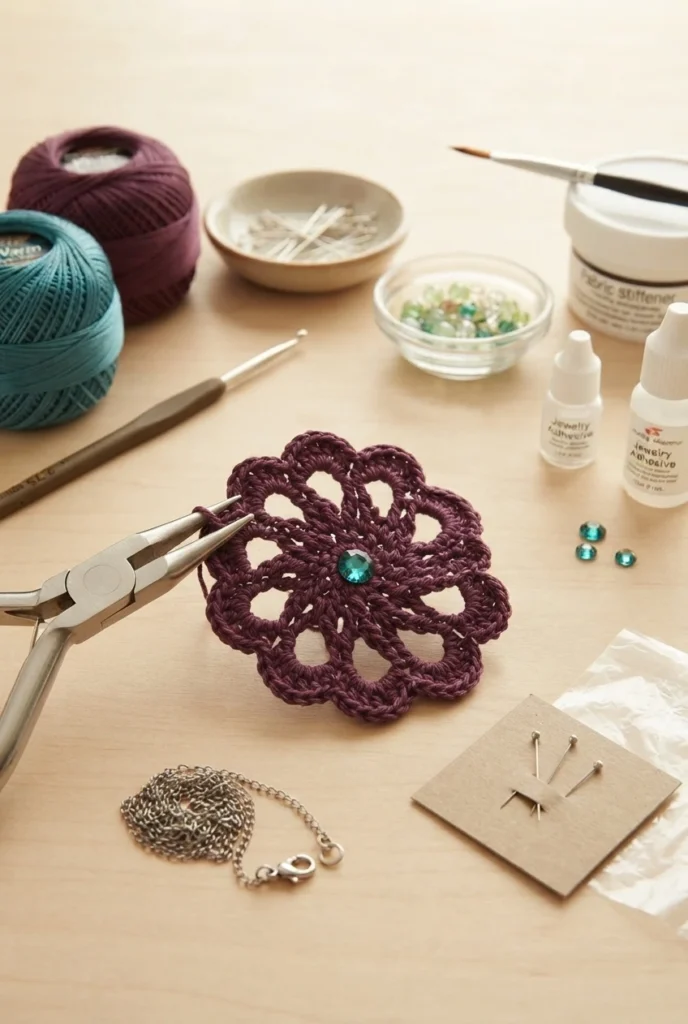 Flat-lay of crochet supplies with plum and teal thread balls, a crochet hook, pliers, beads, a necklace chain, fabric stiffener and glue around a plum crochet flower motif set with a teal gem.