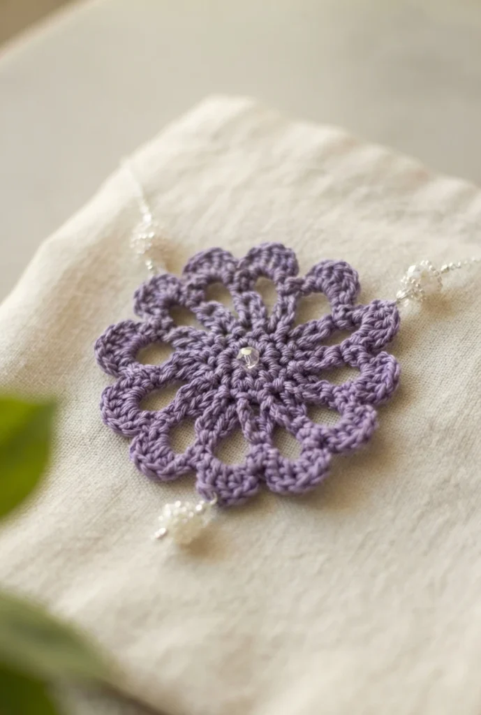 Purple crochet flower motif pendant with clear bead accents lying on cream linen fabric