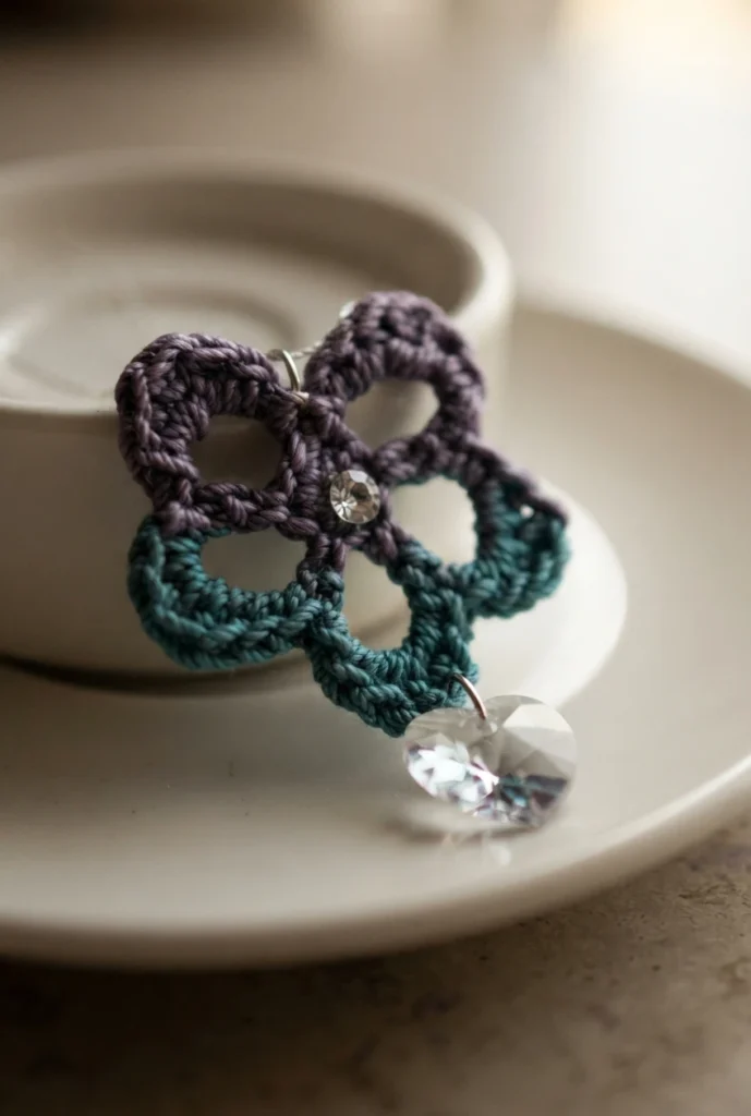 Single small crochet flower pendant with a crystal gem center and a heart-shaped crystal bead, resting against a white teacup