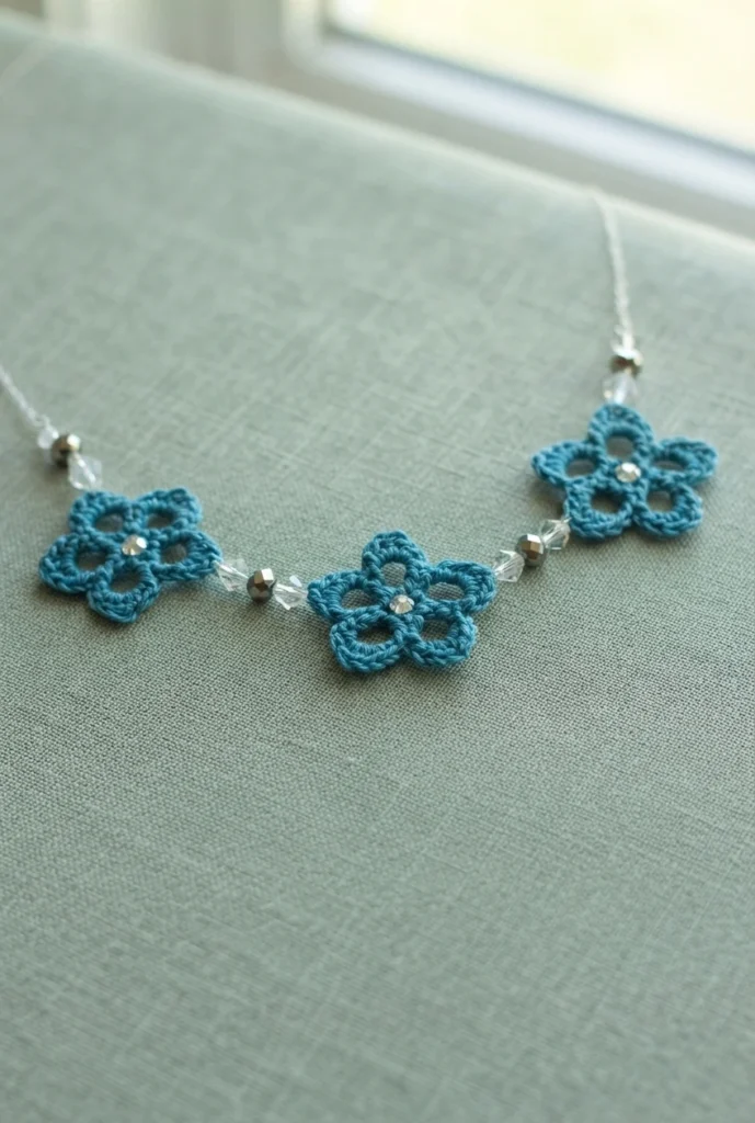Necklace with three teal crochet flower motifs joined by faceted crystal beads, laid flat on light gray fabric