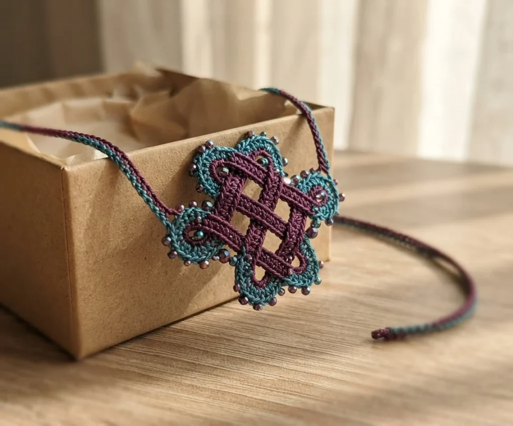 Crocheted plum and teal Celtic knot pendant necklace with seed bead edging draped over a kraft paper gift box