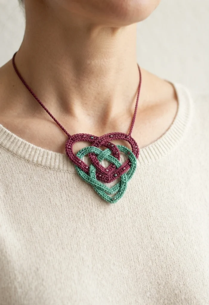 Person wearing a finished crocheted interlaced heart necklace in deep red and mint green on a thin matching cord.