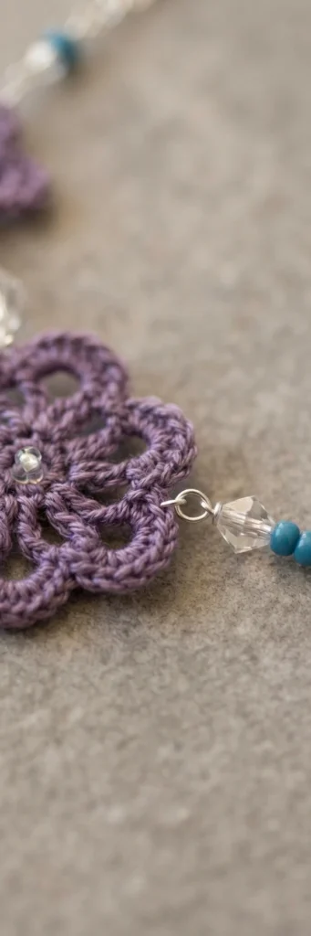 Close-up of a small purple crochet flower motif with a clear bead center, linked by a crystal bicone bead and teal seed beads