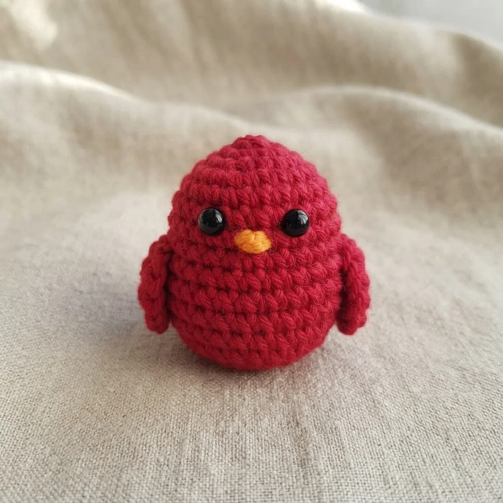 Petit oiseau rouge au crochet avec des yeux noirs brillants, un bec orange et des ailes assorties, posé sur un tissu clair.