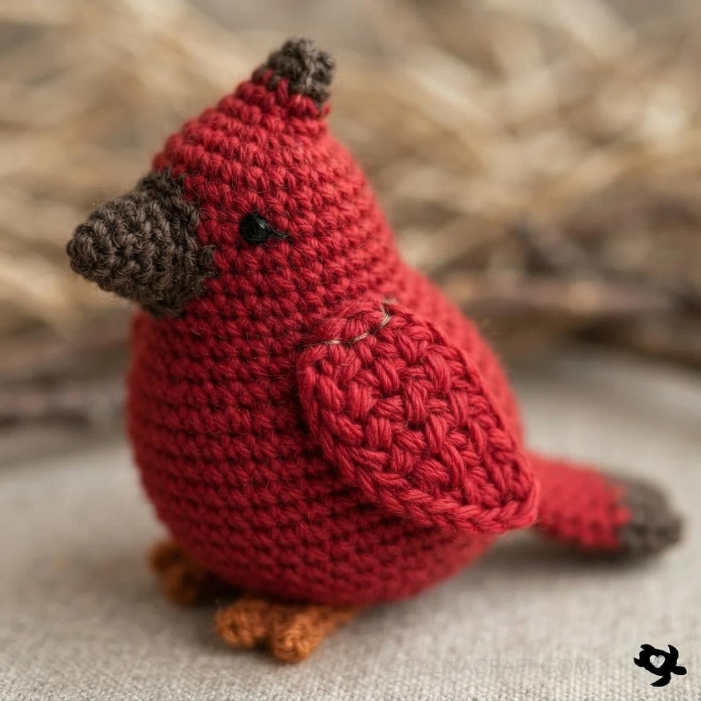 Cardinal rouge au crochet vu de profil, avec une aile visible, une huppe et des détails brun-gris.