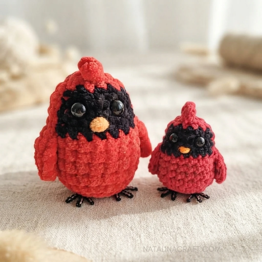 Two red crocheted birds with black face patches, orange beaks, glossy eyes, and small black feet standing on light fabric.