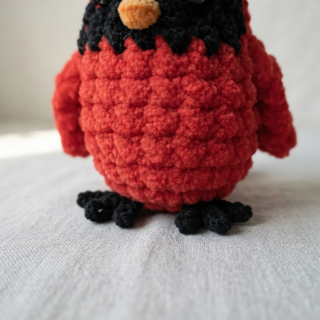 Gros plan d’un cardinal au crochet rouge avec des ailes rouges et des pieds noirs sur un tissu clair.