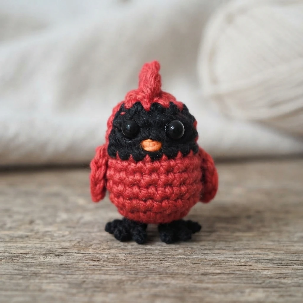 Petit cardinal au crochet rouge et noir, avec des yeux brillants, un bec orange, des ailes et des pieds noirs, posé sur une surface en bois.