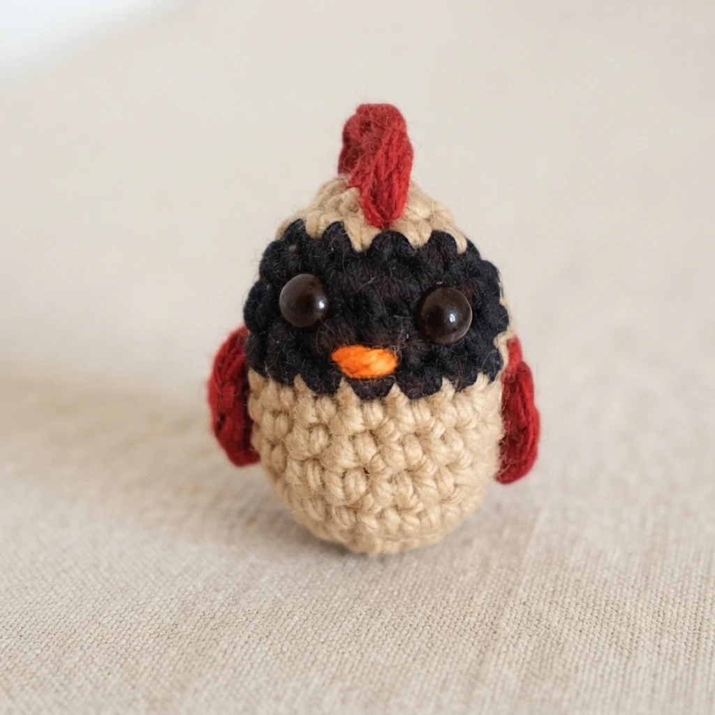 A small crocheted beige bird with a black face, orange beak, red wings and red crest, sitting on light fabric.