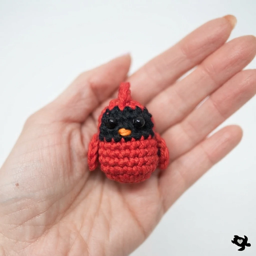 Petit cardinal crocheté rouge et noir, avec des yeux noirs, un bec orange et une huppe, posé dans une paume.