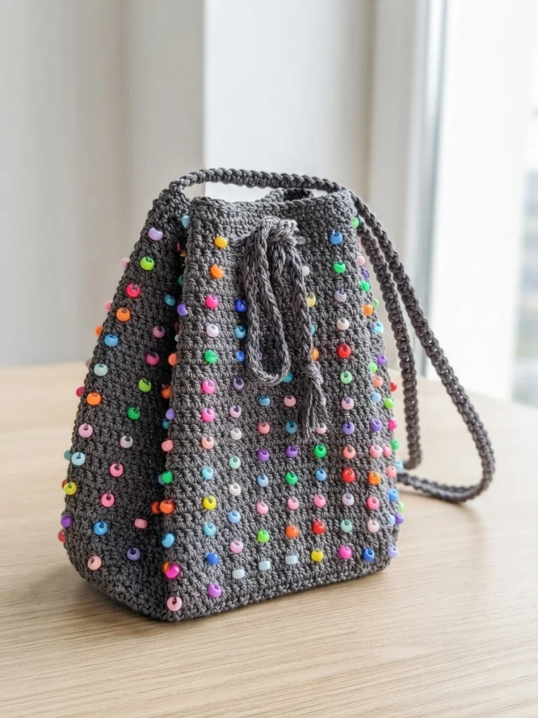 Dark grey crocheted bucket bag with colorful beads, drawstring closure and shoulder strap, displayed on a wooden table.
