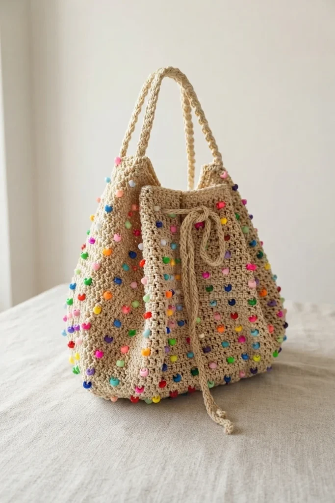 Beige crocheted bucket bag covered in colorful beads with a knotted drawstring closure, displayed finished on a light linen surface.
