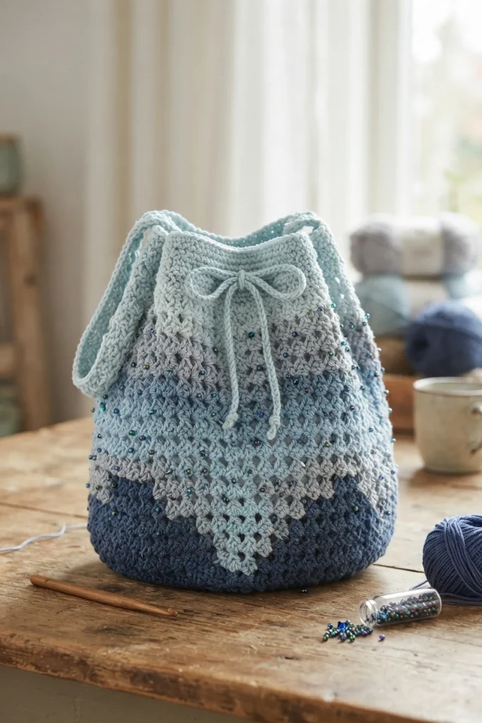 A blue gradient beaded crochet bucket bag with a drawstring bow resting on a wooden table beside yarn, loose beads, a crochet hook and a mug.