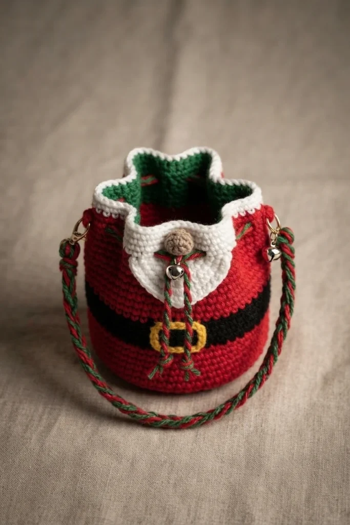 Crocheted red bucket bag styled like Santa's coat with a black belt, yellow buckle, white cuff, small jingle bells and a twisted red-green cord handle, sitting on beige linen.