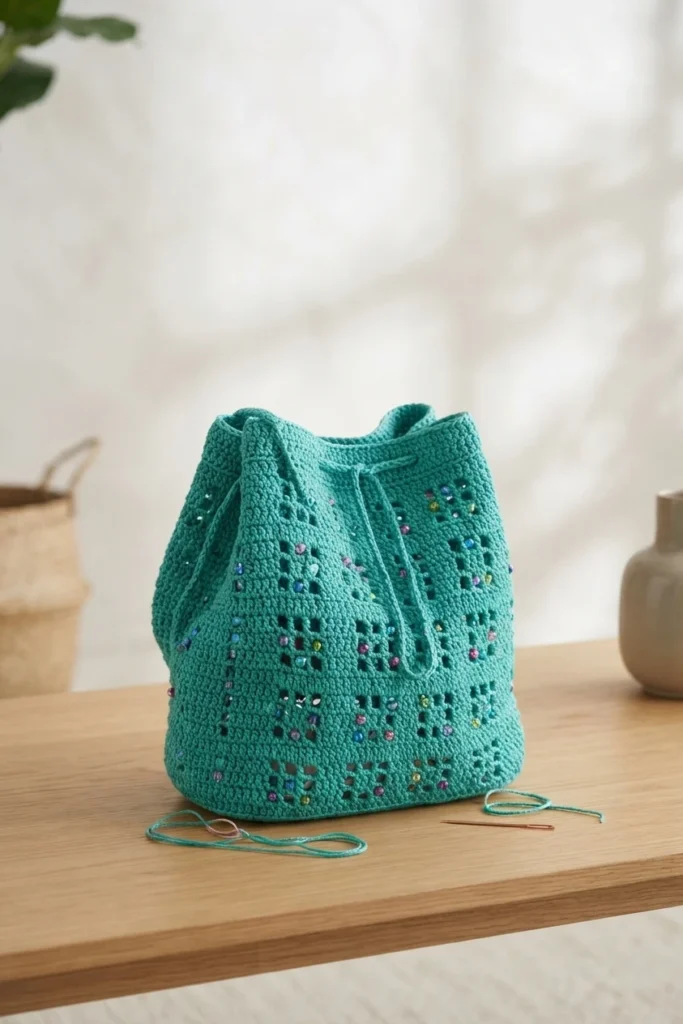 Teal crochet bucket bag with small multicolored beads and a drawstring closure resting on a wooden table.