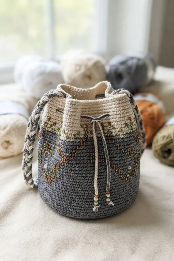 Two-tone crocheted beaded bucket bag in ecru and grey with copper and olive beads, drawstring closure with bead-tipped ends, photographed with blurred yarn balls in the background.