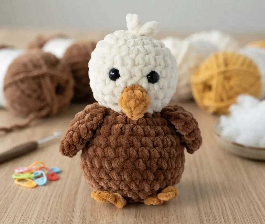 Crochet amigurumi eagle with cream plush head, brown plush body, gold beak and feet, standing among yarn and tools