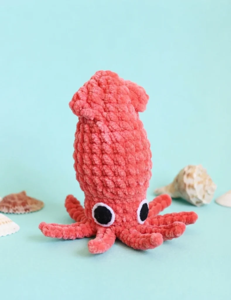 Coral pink crochet amigurumi squid with large black and white eyes and eight tentacles, on a pale mint background with seashells