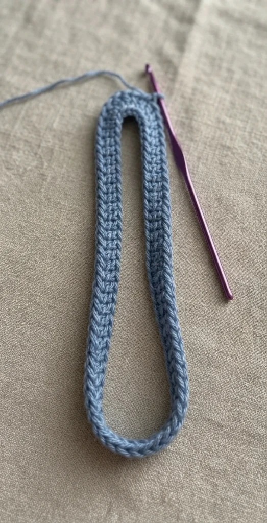 A blue crocheted strip folded into a long U shape beside a purple crochet hook on beige fabric.