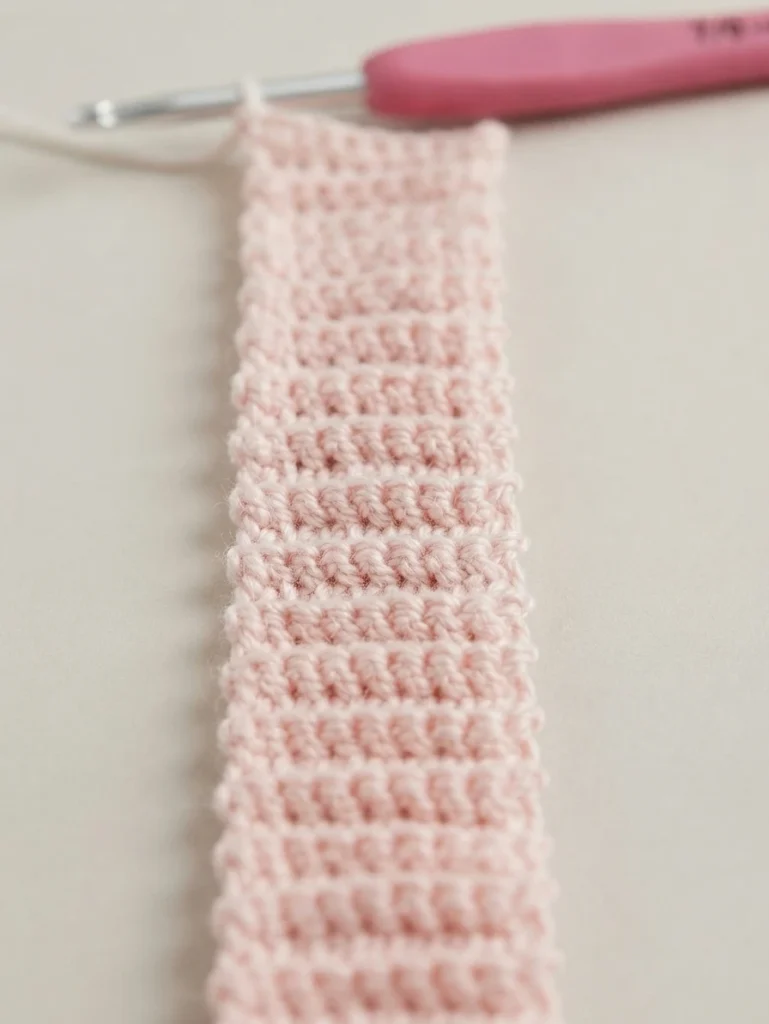 A pale pink crocheted swatch with a crochet hook attached at the top.
