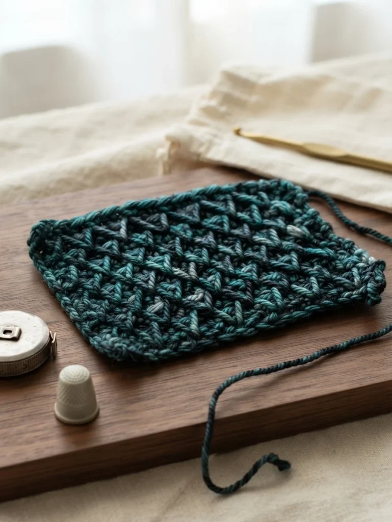 Échantillon crocheté épais en fil mélangé bleu-vert foncé, posé sur une table en bois avec un crochet, un mètre ruban et un dé à coudre.
