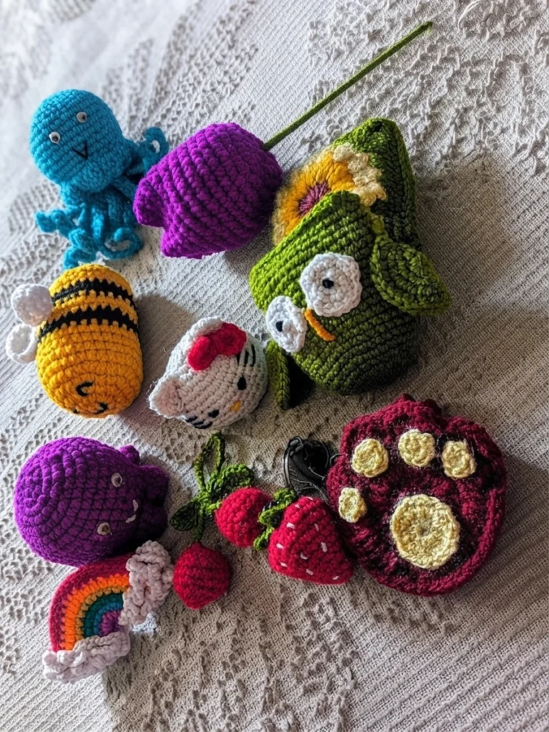 Colorful crocheted toys, including an octopus, a bee, a cat, strawberries, and a flower-like pouch, arranged on a pale knitted blanket.