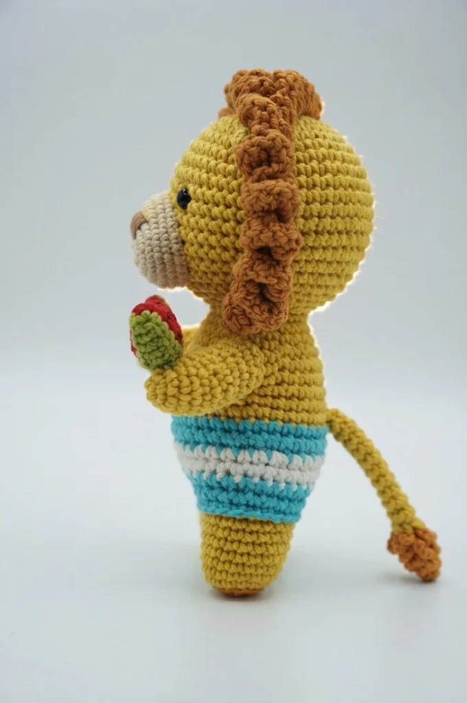 Side profile of a crocheted amigurumi lion wearing blue and white striped swim trunks and holding a small watermelon slice.