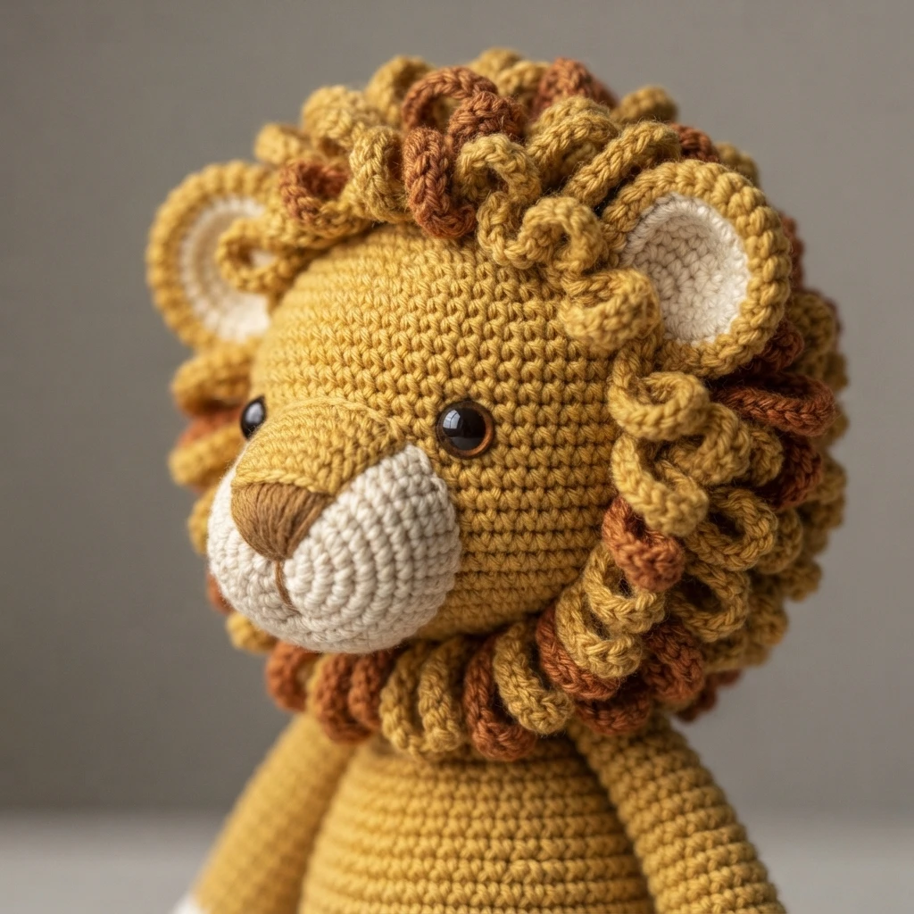 Close-up of a crocheted lion amigurumi head with golden-yellow yarn, a curly two-tone brown and yellow mane, brown safety eyes, and a cream muzzle with cream inner ears.
