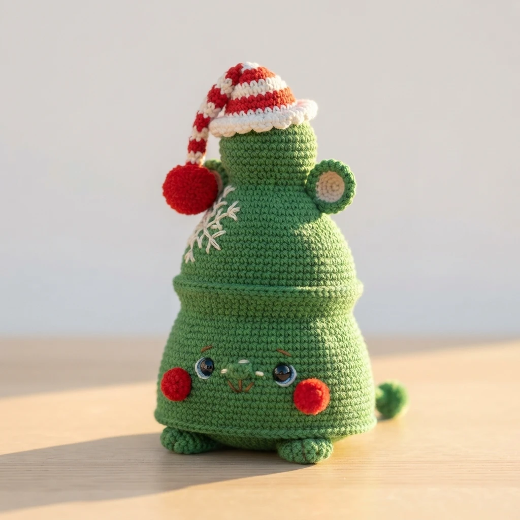 Green crocheted Christmas tree amigurumi wearing a red and white striped Santa hat with a pom pom, embroidered snowflake detail, rosy pom cheeks and safety eyes, sitting on a wooden table