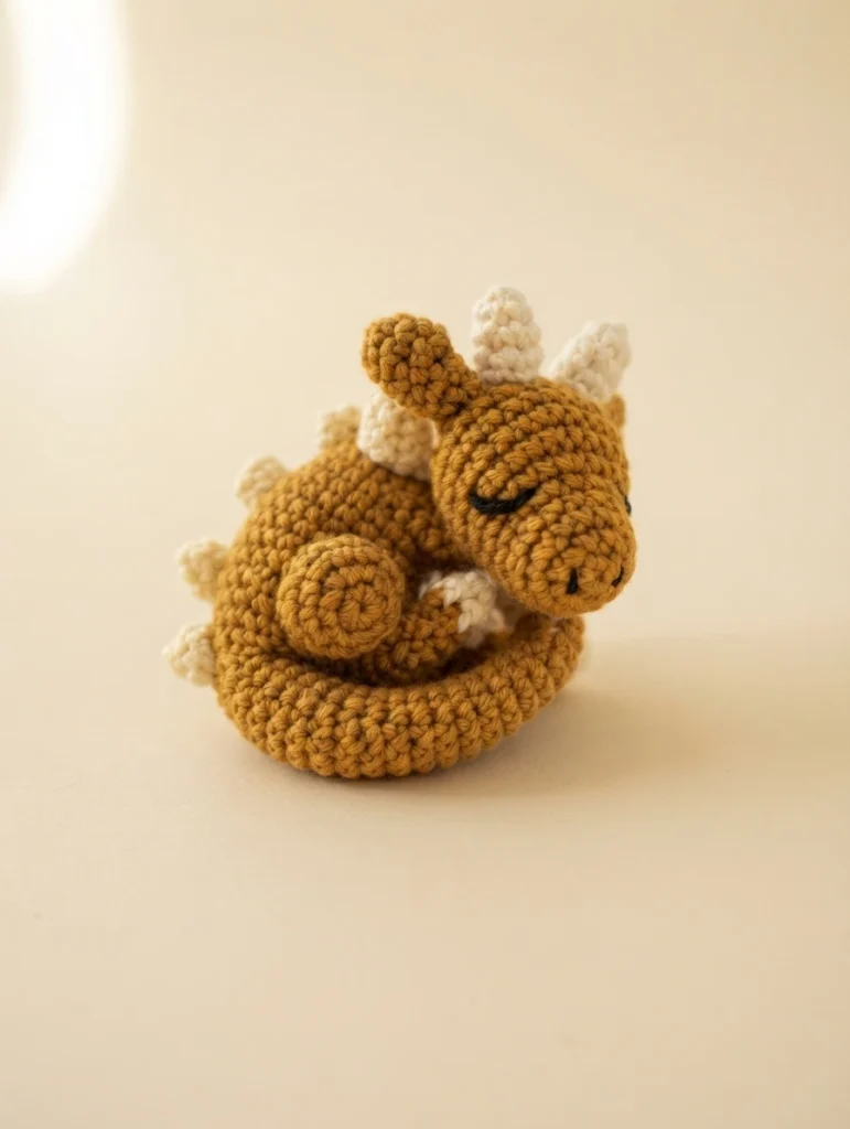 Mustard crochet dragon curled up asleep with cream horns and back spikes on a pale background