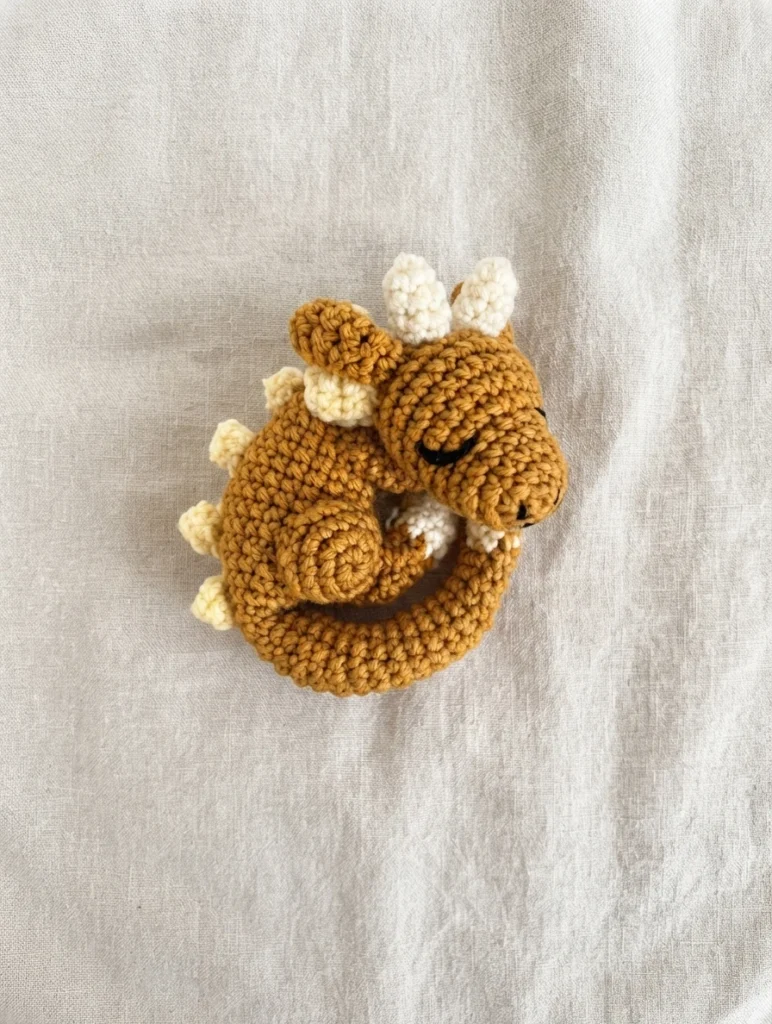 Mustard brown crochet dragon curled up asleep with cream horns and back spikes on a light fabric background