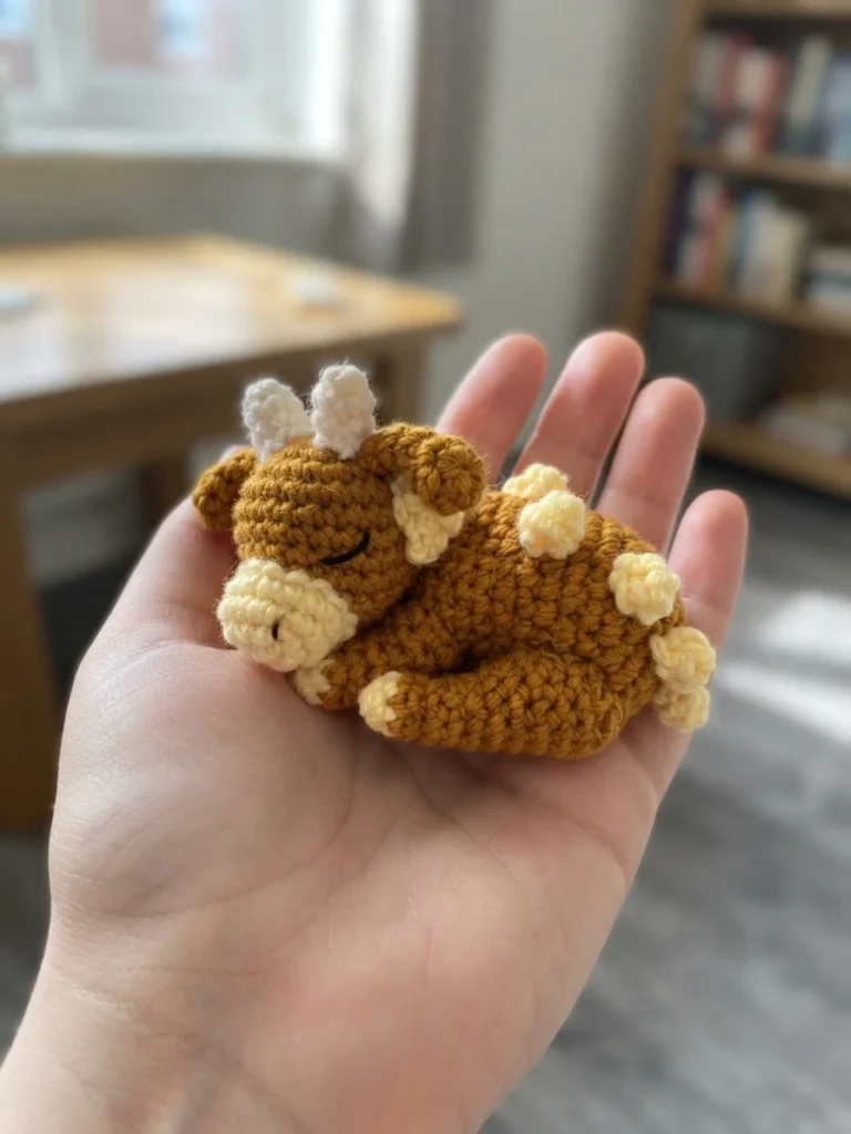 A small mustard brown crochet dragon curled up asleep in an open hand, with white horns, pale yellow spikes and a pale yellow muzzle