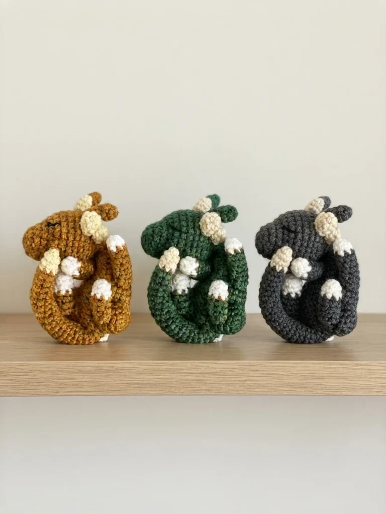 Three curled up sleeping crochet dragons in mustard, green and dark gray with cream horns and white feet tips standing on a wooden shelf