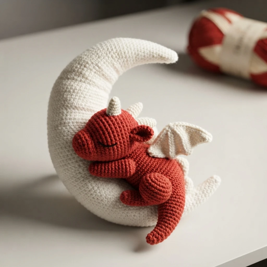 Red crochet sleeping dragon with white horns and a white wing resting on a white crochet crescent moon