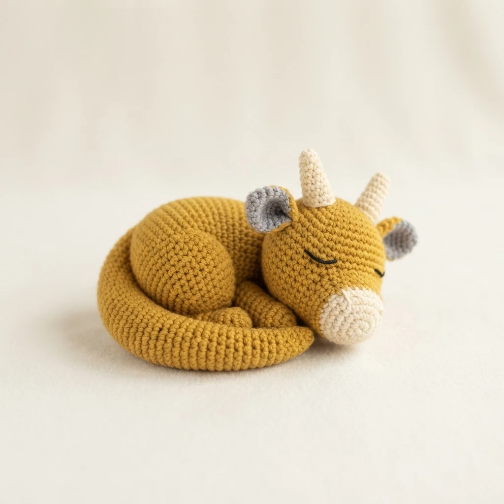Mustard yellow crocheted dragon curled up asleep with cream horns and muzzle, grey ears and closed embroidered eyes on a plain light background