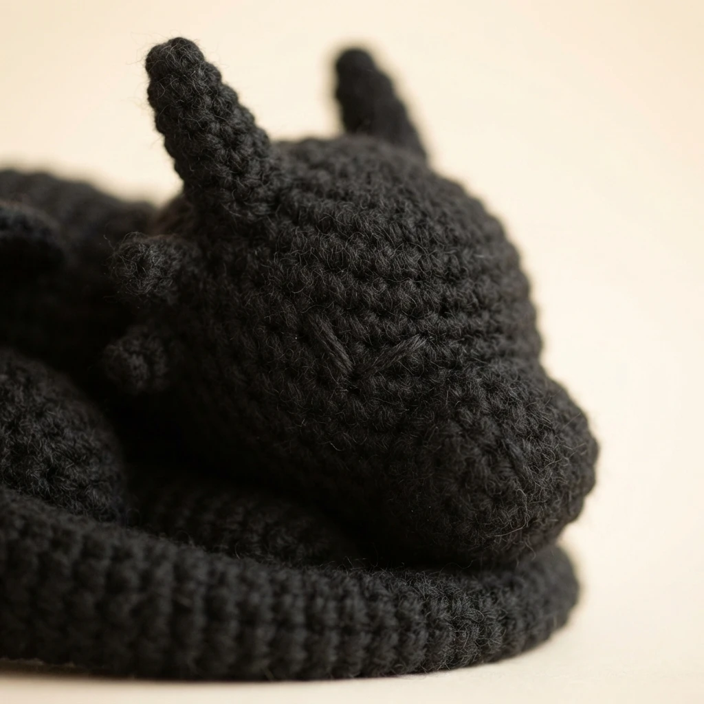 Close-up of a black crochet dragon curled up asleep on a light background