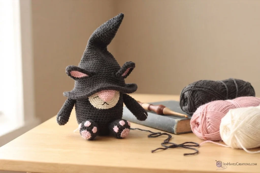 A single crochet cat gnome with a tall pointed hat, pink-lined ears, a cream muzzle with closed eyes and whiskers, and pink paw pads, sitting on a light wood table next to balls of dark grey, pink and cream yarn, with a wooden crochet hook